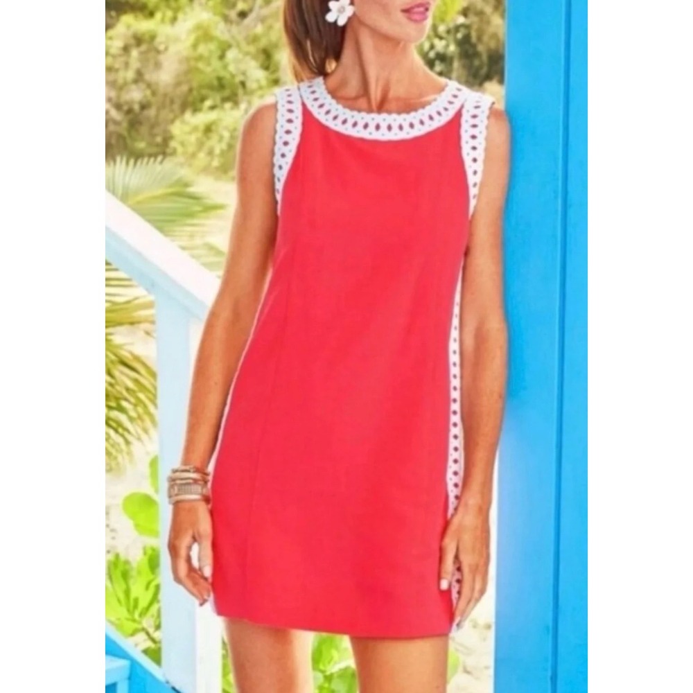 LILLY PULITZER Sadie Shift Romper Skort Dress Pink Red Lattice Trim Women's 4